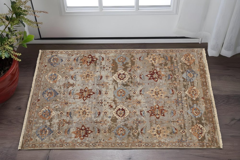 4' X 6' Tan Brown and Gray Wool Floral Hand Knotted Area Rug With Fringe