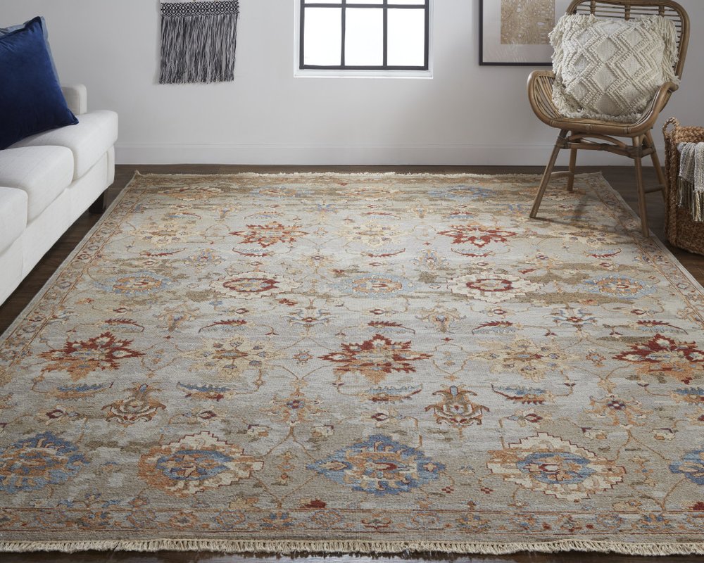 4' X 6' Tan Brown and Gray Wool Floral Hand Knotted Area Rug With Fringe
