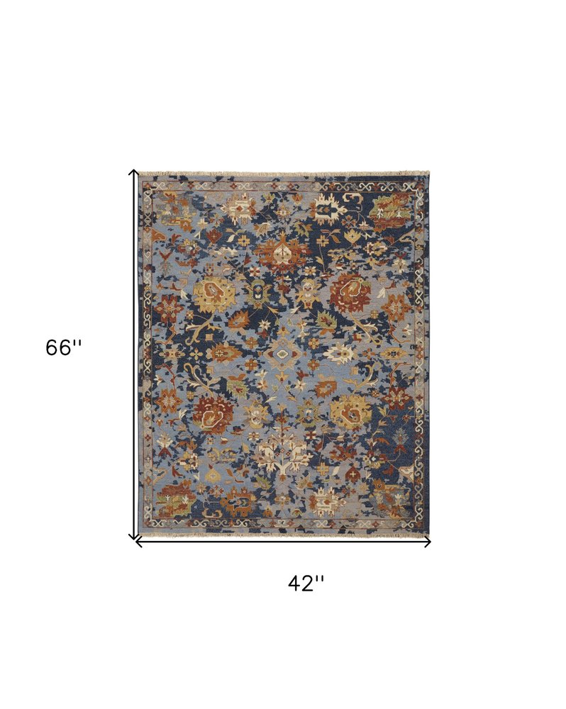 4' X 6' Blue Gray and Red Wool Floral Hand Knotted Area Rug With Fringe