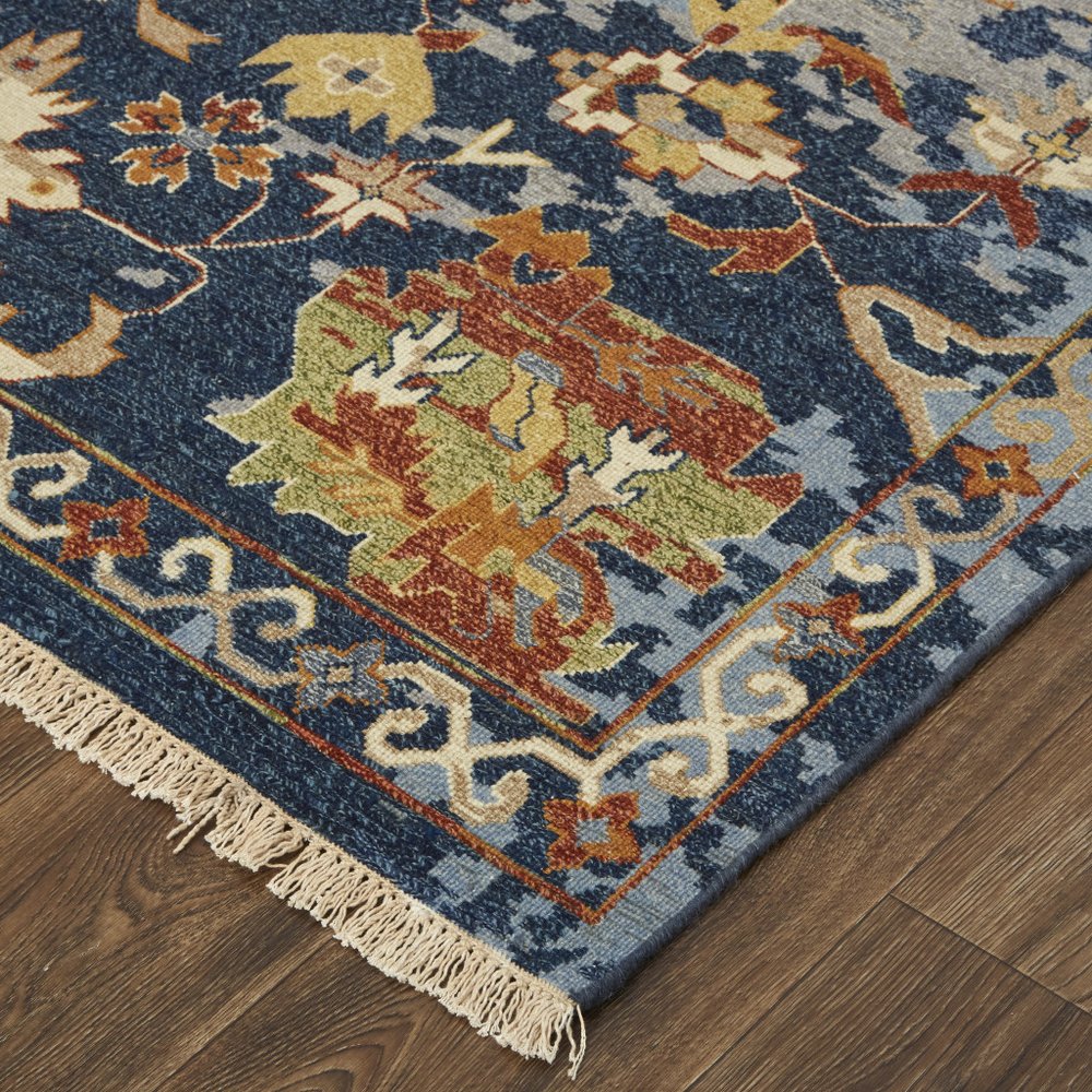 4' X 6' Blue Gray and Red Wool Floral Hand Knotted Area Rug With Fringe