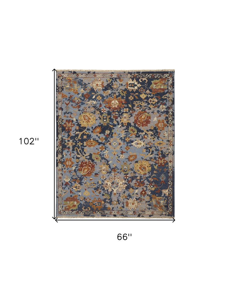 4' X 6' Blue Gray and Red Wool Floral Hand Knotted Area Rug With Fringe