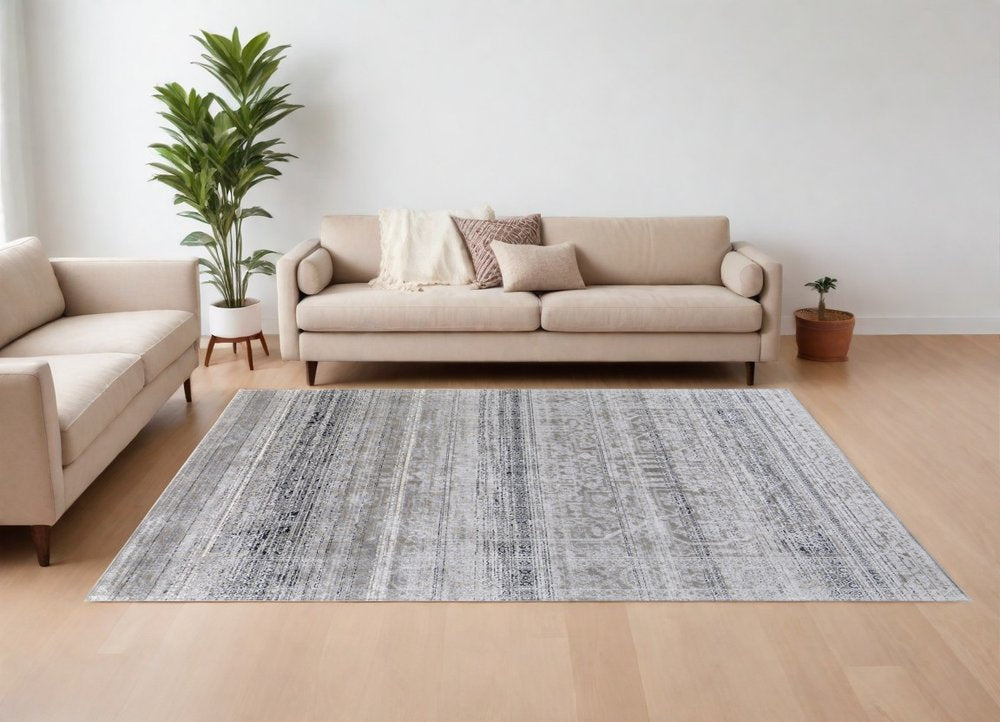 12' X 15' Black and Gray Abstract Power Loom Worn Faded Area Rug