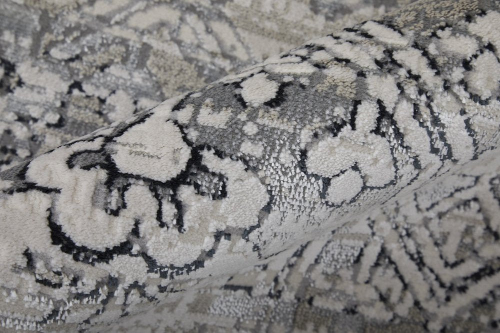 12' X 15' Black and Silver Abstract Power Loom Worn Faded Area Rug