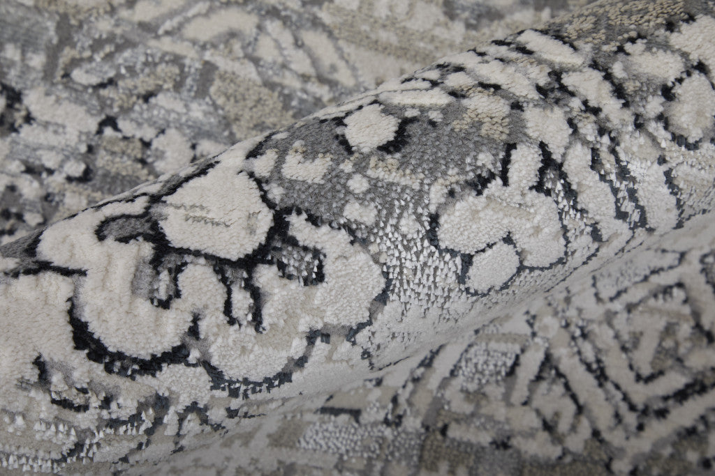 12' X 15' Black and Silver Abstract Power Loom Worn Faded Area Rug