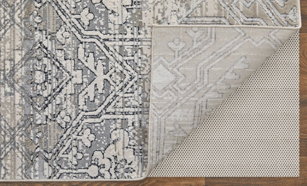 12' X 15' Black and Silver Abstract Power Loom Worn Faded Area Rug