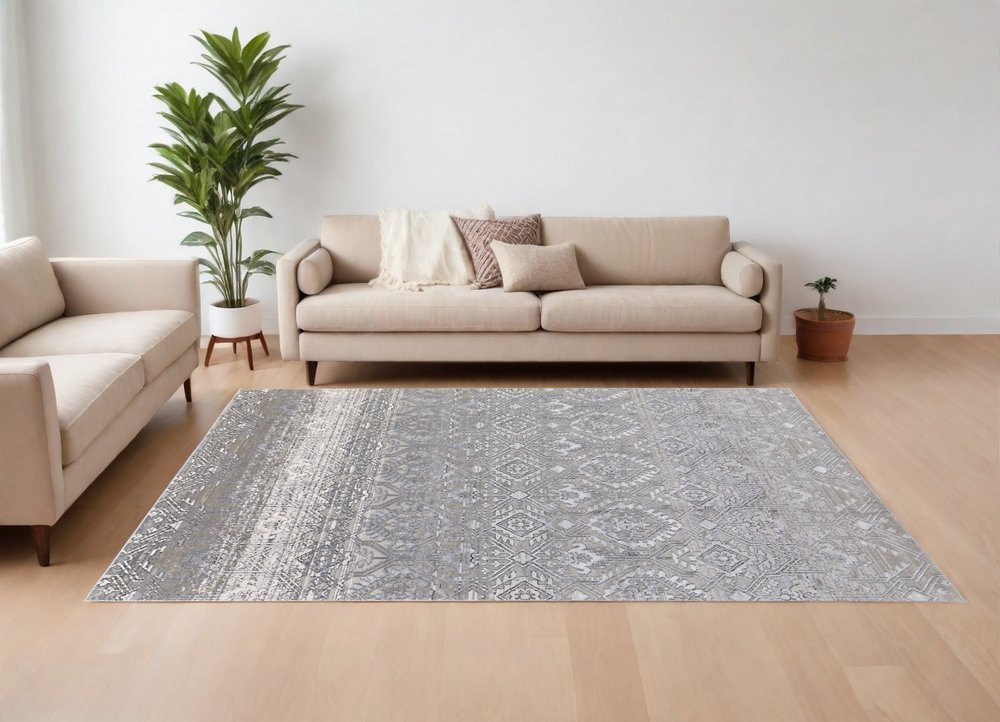 12' X 15' Black and Silver Abstract Power Loom Worn Faded Area Rug