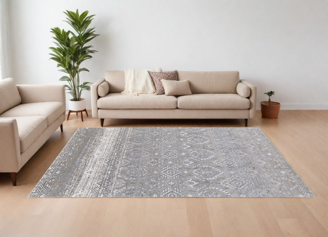 12' X 15' Black and Silver Abstract Power Loom Worn Faded Area Rug