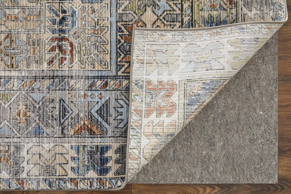 5' X 8' Gray Blue and Red Abstract Power Loom Worn Faded Area Rug