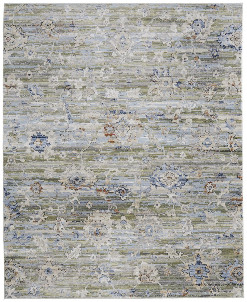 5' X 8' Ivory Green and Blue Floral Power Loom Worn Faded Area Rug