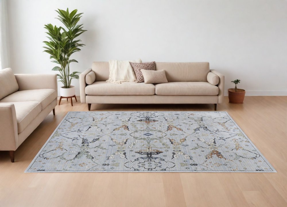 5' X 8' Gray Blue and Green Floral Power Loom Area Rug