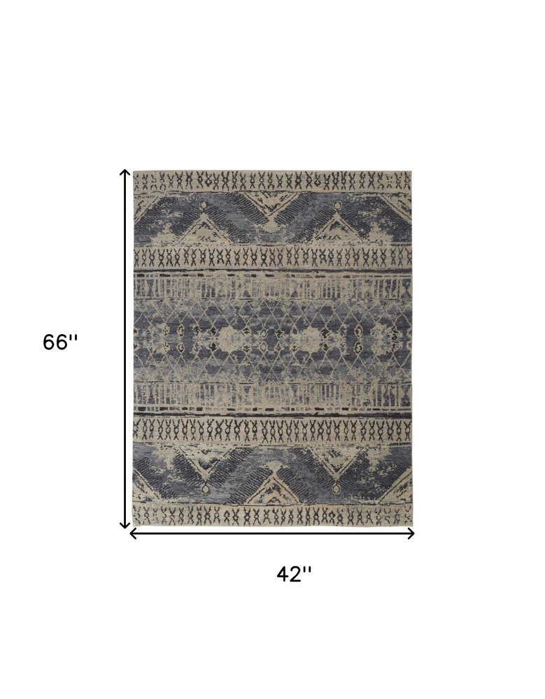 4' X 6' Gray Blue and Ivory Wool Floral Hand Knotted Area Rug