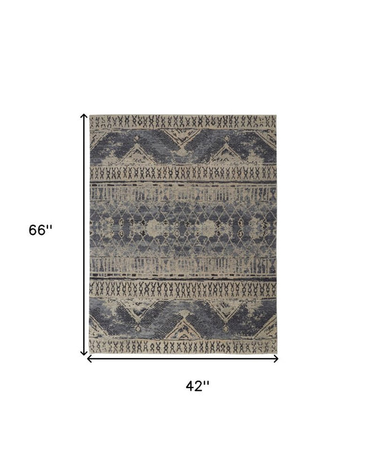 4' X 6' Gray Blue and Ivory Wool Floral Hand Knotted Area Rug