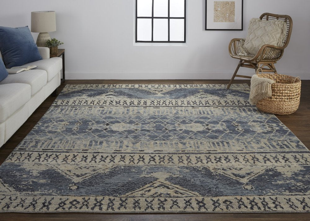 4' X 6' Gray Blue and Ivory Wool Floral Hand Knotted Area Rug