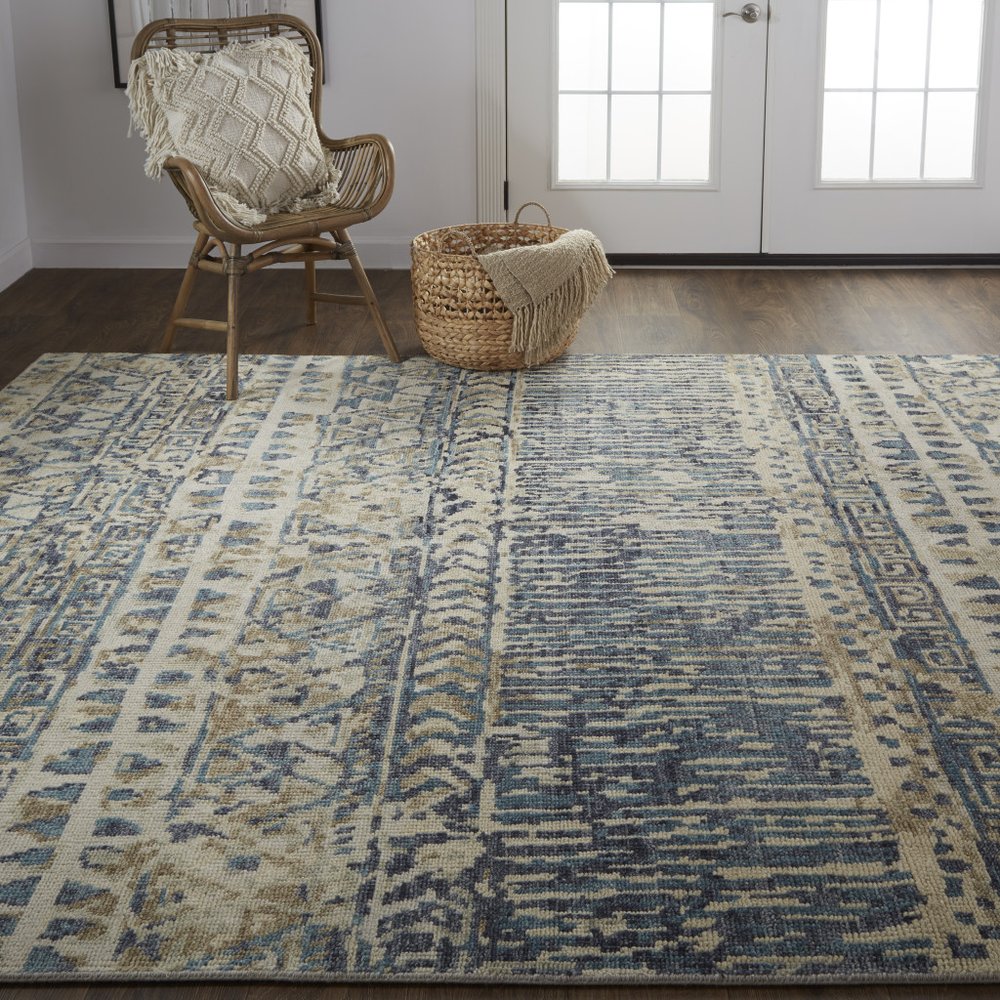 6' X 9' Tan Ivory And Blue Wool Geometric Hand Knotted Area Rug