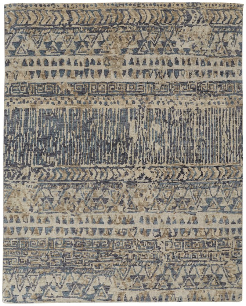 6' X 9' Tan Ivory And Blue Wool Geometric Hand Knotted Area Rug