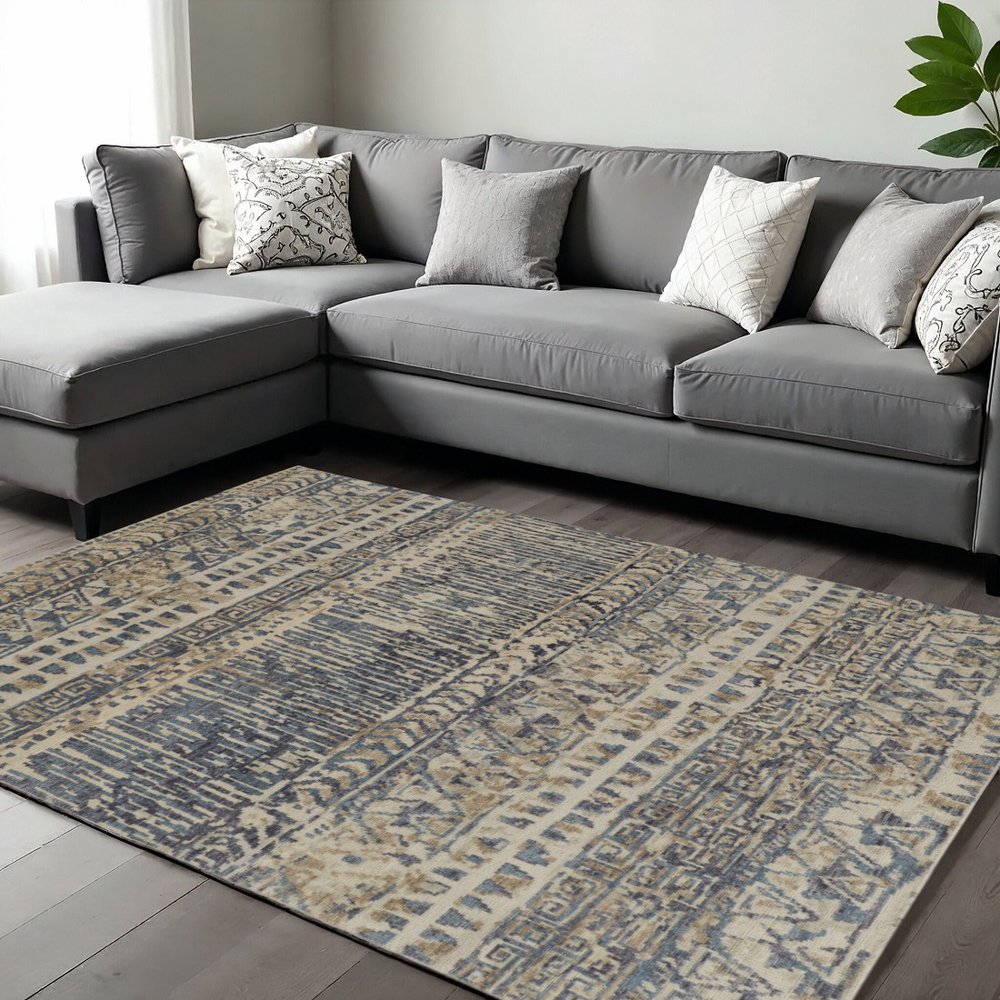 6' X 9' Tan Ivory And Blue Wool Geometric Hand Knotted Area Rug