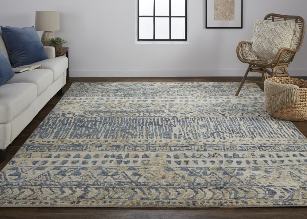 6' X 9' Tan Ivory And Blue Wool Geometric Hand Knotted Area Rug