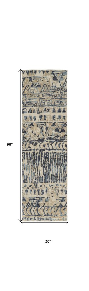 6' X 9' Tan Ivory And Blue Wool Geometric Hand Knotted Area Rug