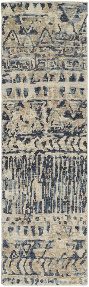 6' X 9' Tan Ivory And Blue Wool Geometric Hand Knotted Area Rug