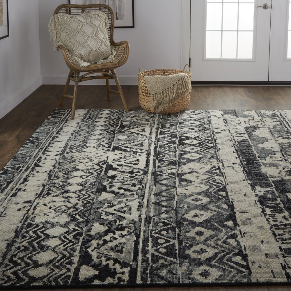 4' X 6' Ivory Gray and Black Wool Geometric Hand Knotted Area Rug