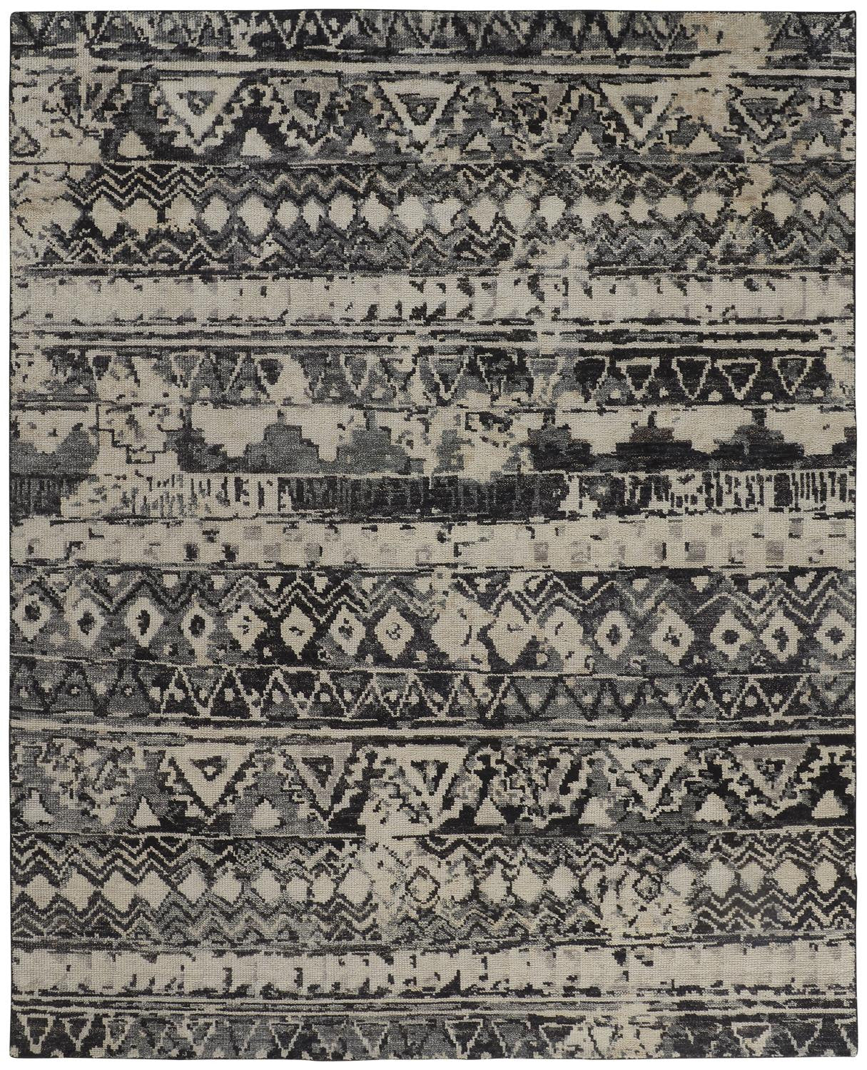 4' X 6' Ivory Gray and Black Wool Geometric Hand Knotted Area Rug