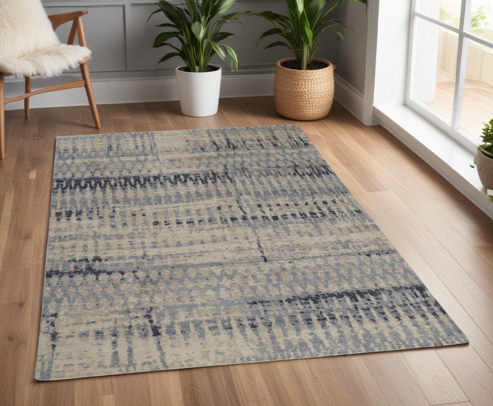 9' X 13' Gray Blue and Ivory Wool Abstract Hand Knotted Area Rug
