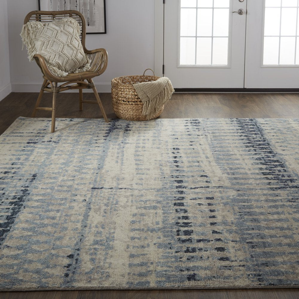 9' X 13' Gray Blue and Ivory Wool Abstract Hand Knotted Area Rug