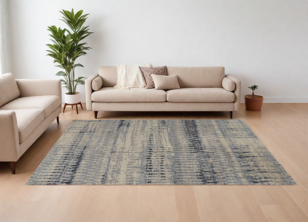 9' X 13' Gray Blue and Ivory Wool Abstract Hand Knotted Area Rug