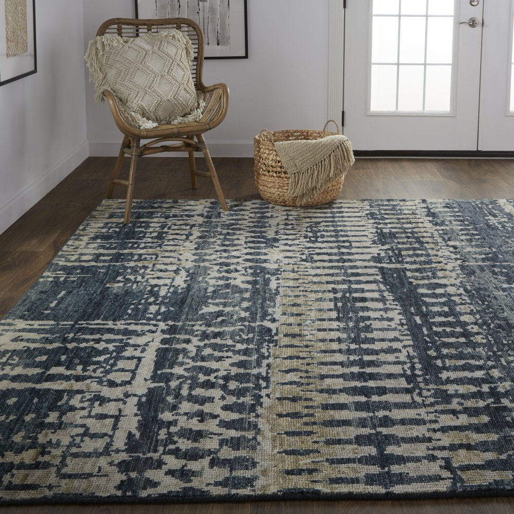 8' X 12' Blue Gray and Tan Wool Abstract Hand Knotted Area Rug