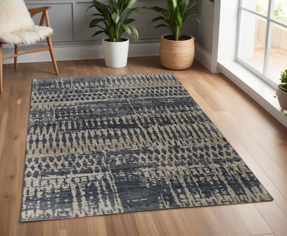 8' X 12' Blue Gray and Tan Wool Abstract Hand Knotted Area Rug