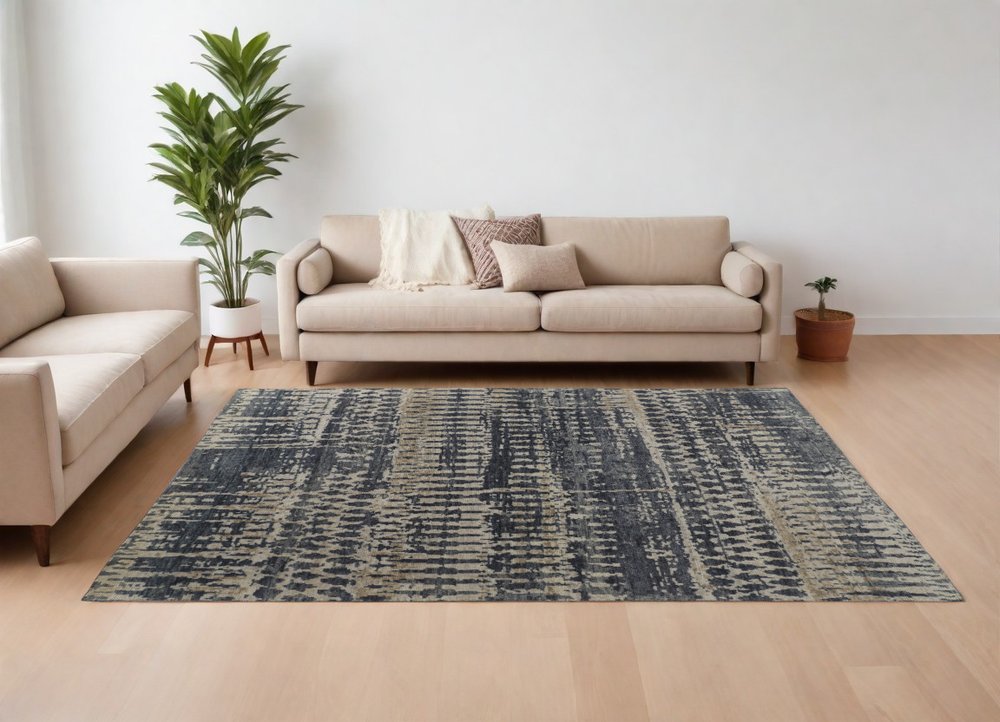 8' X 12' Blue Gray and Tan Wool Abstract Hand Knotted Area Rug