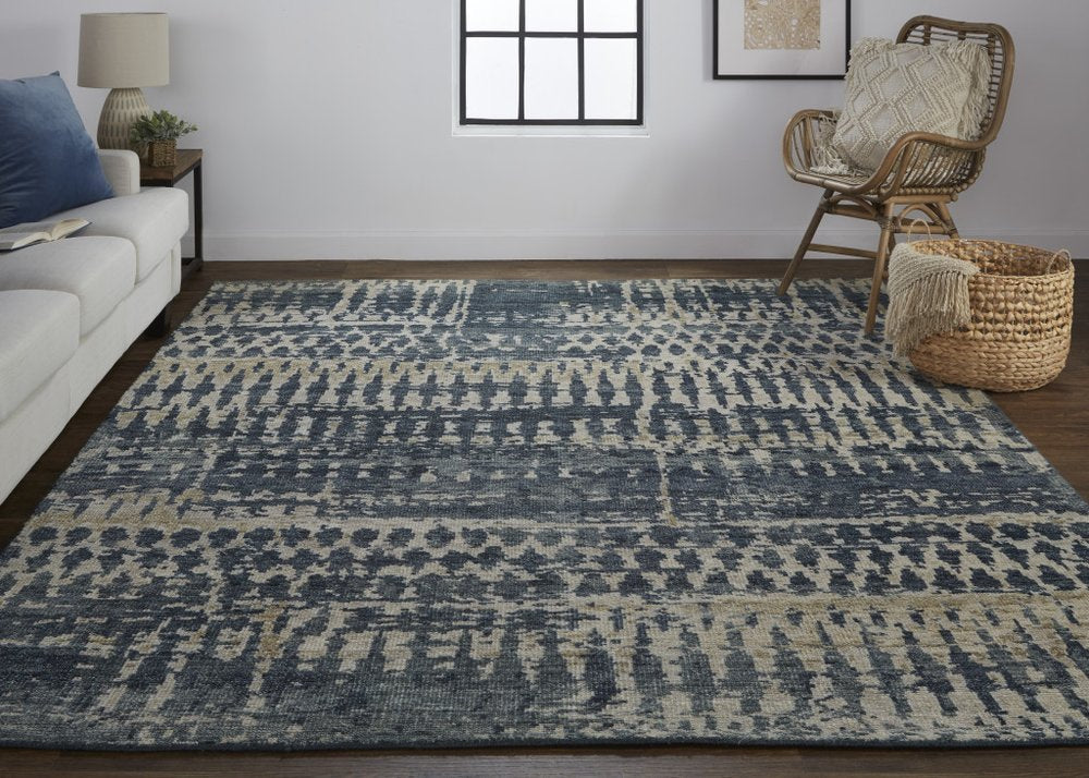 8' X 12' Blue Gray and Tan Wool Abstract Hand Knotted Area Rug