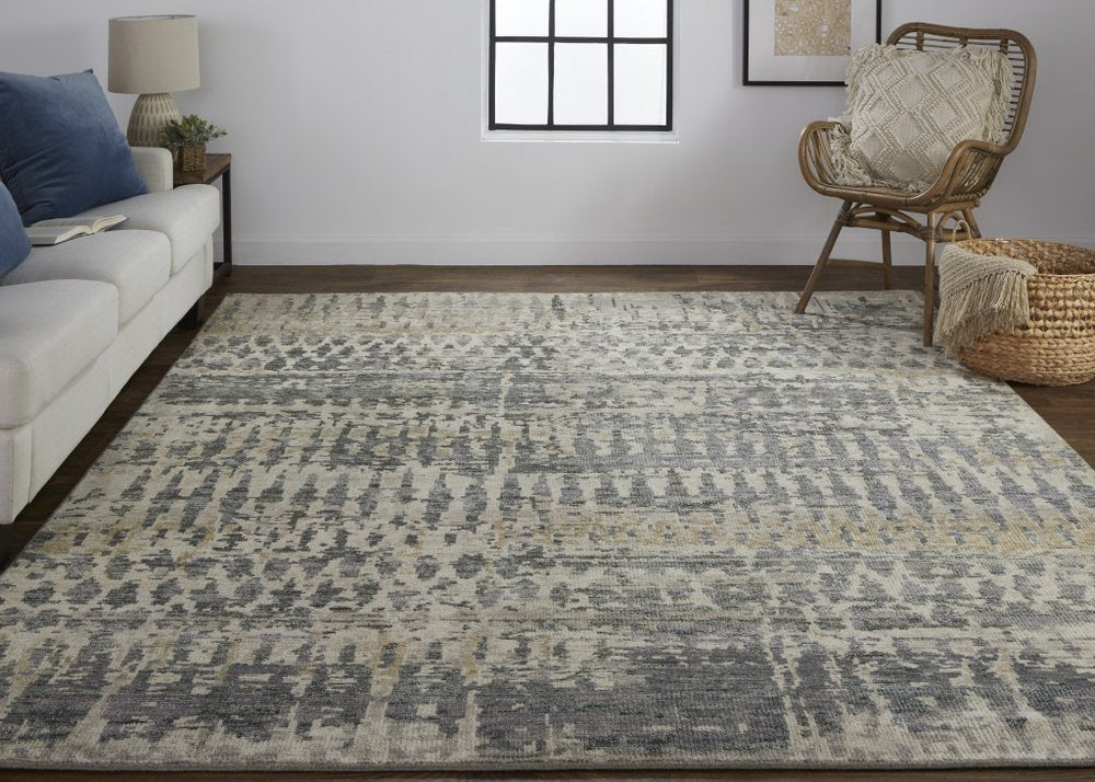 8' X 12' Blue Gray and Tan Wool Abstract Hand Knotted Area Rug