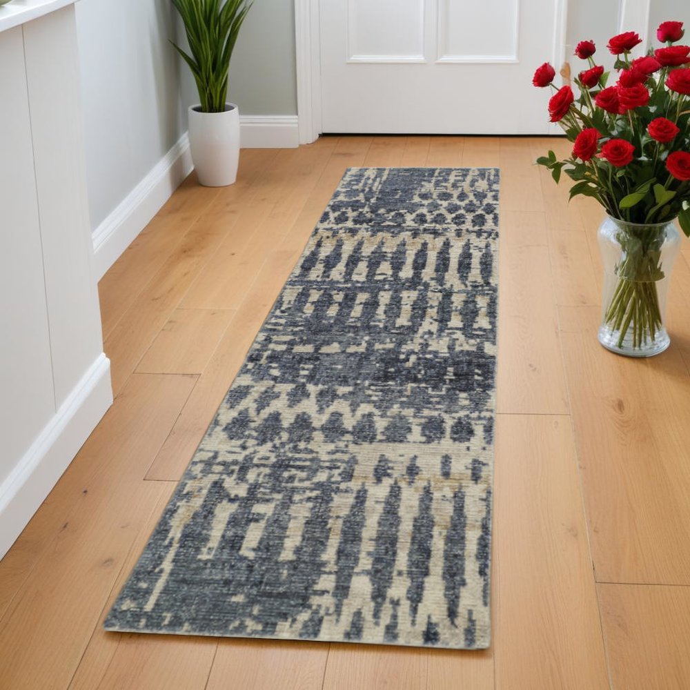 8' X 12' Blue Gray and Tan Wool Abstract Hand Knotted Area Rug