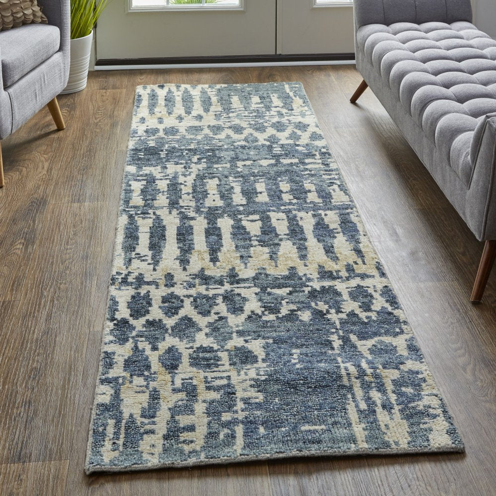 8' X 12' Blue Gray and Tan Wool Abstract Hand Knotted Area Rug