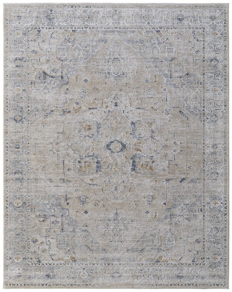 5' X 8' Ivory Taupe and Blue Oriental Power Loom Worn Faded Area Rug With Fringe
