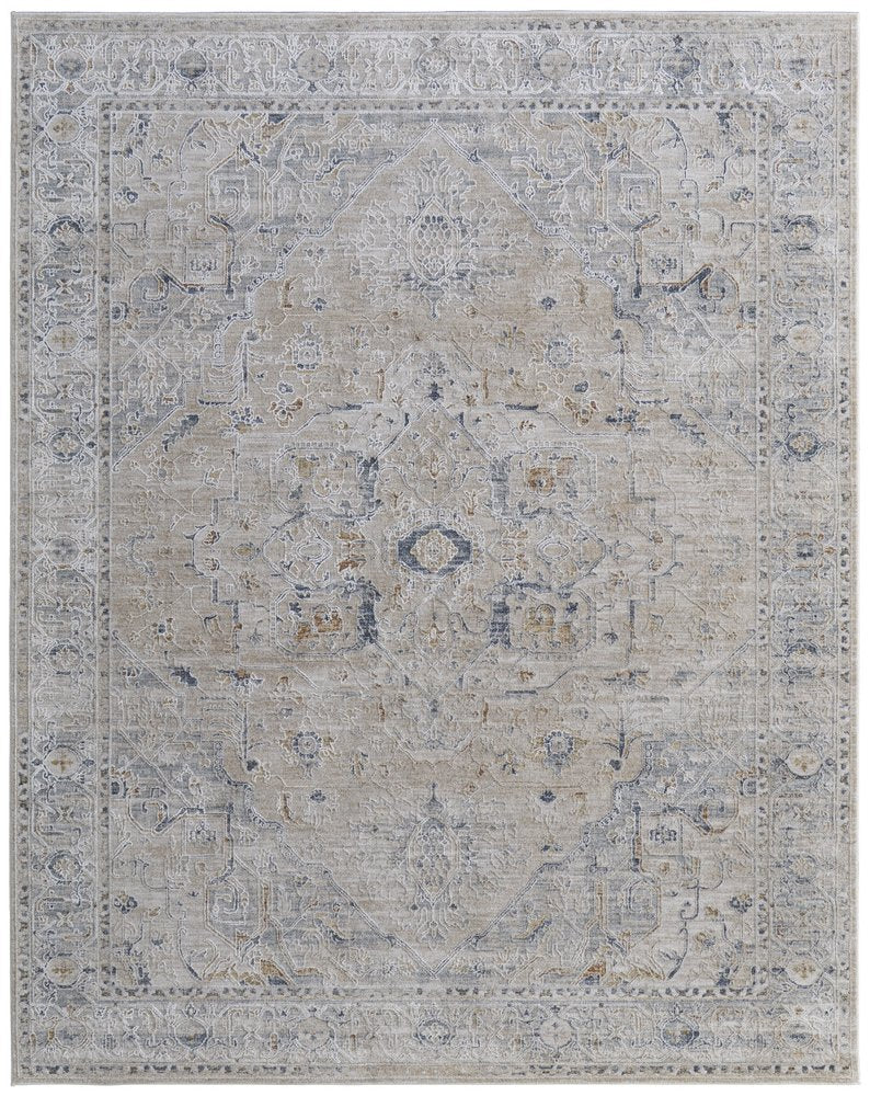 5' X 8' Ivory Taupe and Blue Oriental Power Loom Worn Faded Area Rug With Fringe