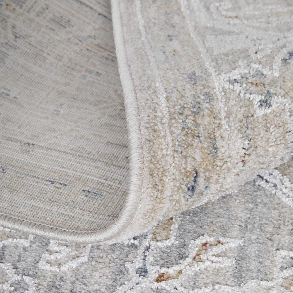 5' X 8' Ivory Taupe and Blue Oriental Power Loom Worn Faded Area Rug With Fringe