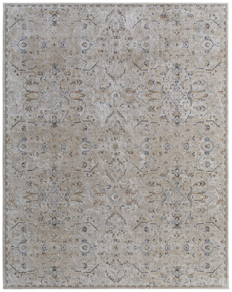 5' X 8' Ivory Taupe and Blue Abstract Power Loom Worn Faded Area Rug With Fringe