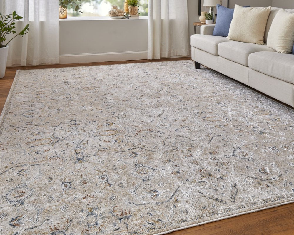 5' X 8' Ivory Taupe and Blue Abstract Power Loom Worn Faded Area Rug With Fringe
