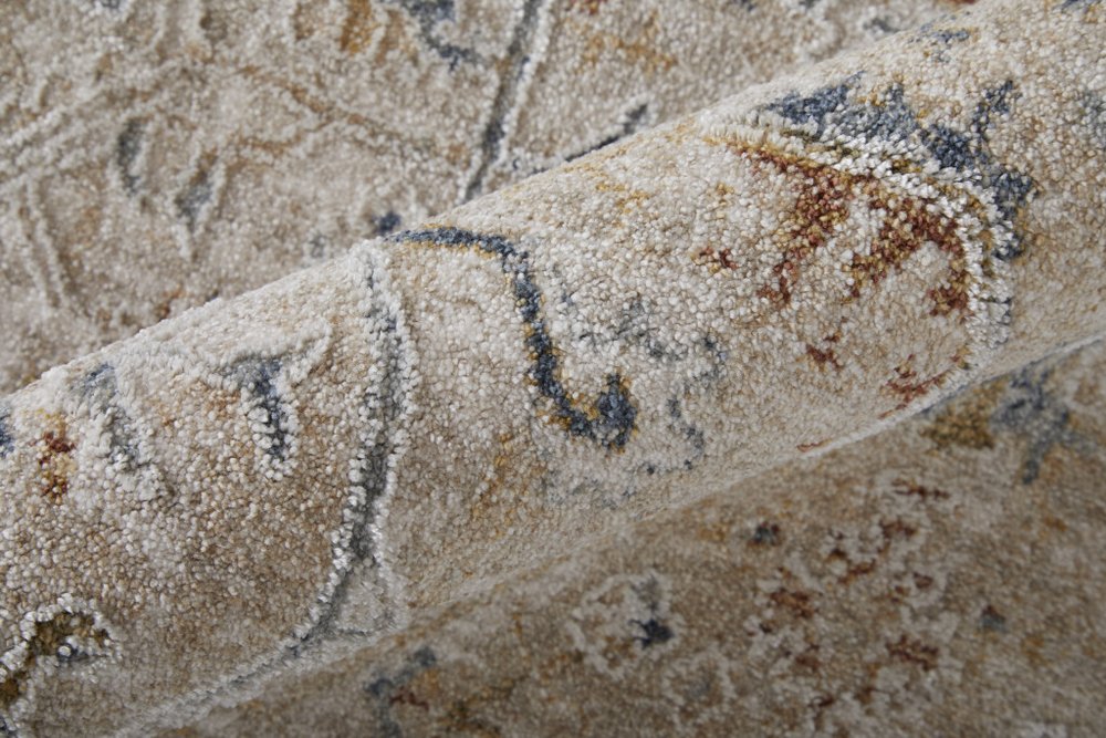 5' X 8' Ivory Taupe and Blue Abstract Power Loom Worn Faded Area Rug With Fringe