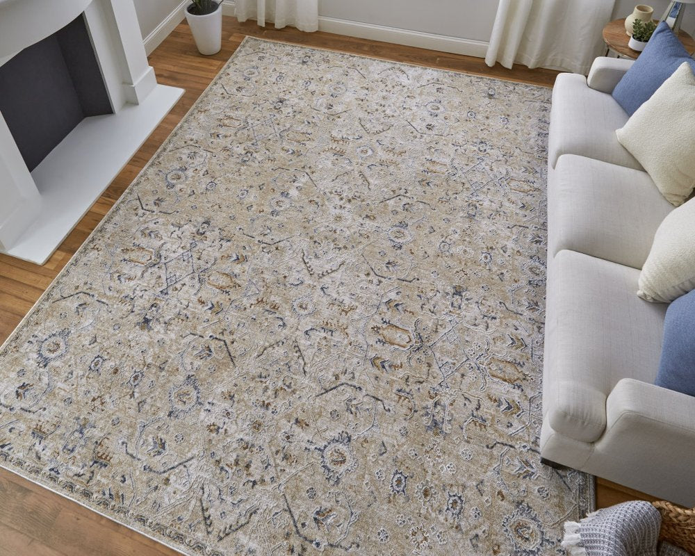 5' X 8' Ivory Taupe and Blue Abstract Power Loom Worn Faded Area Rug With Fringe