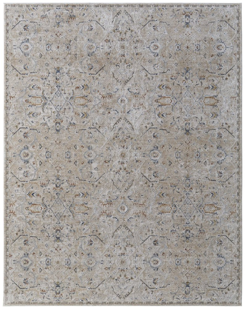 5' X 8' Ivory Taupe and Blue Abstract Power Loom Worn Faded Area Rug With Fringe