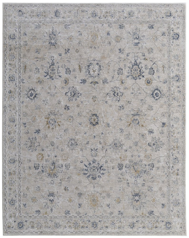 8' X 10' Ivory Taupe and Blue Floral Power Loom Worn Faded Area Rug With Fringe