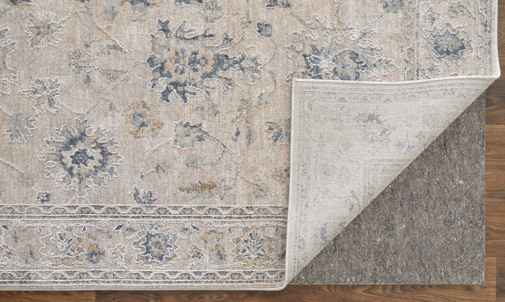 8' X 10' Ivory Taupe and Blue Floral Power Loom Worn Faded Area Rug With Fringe