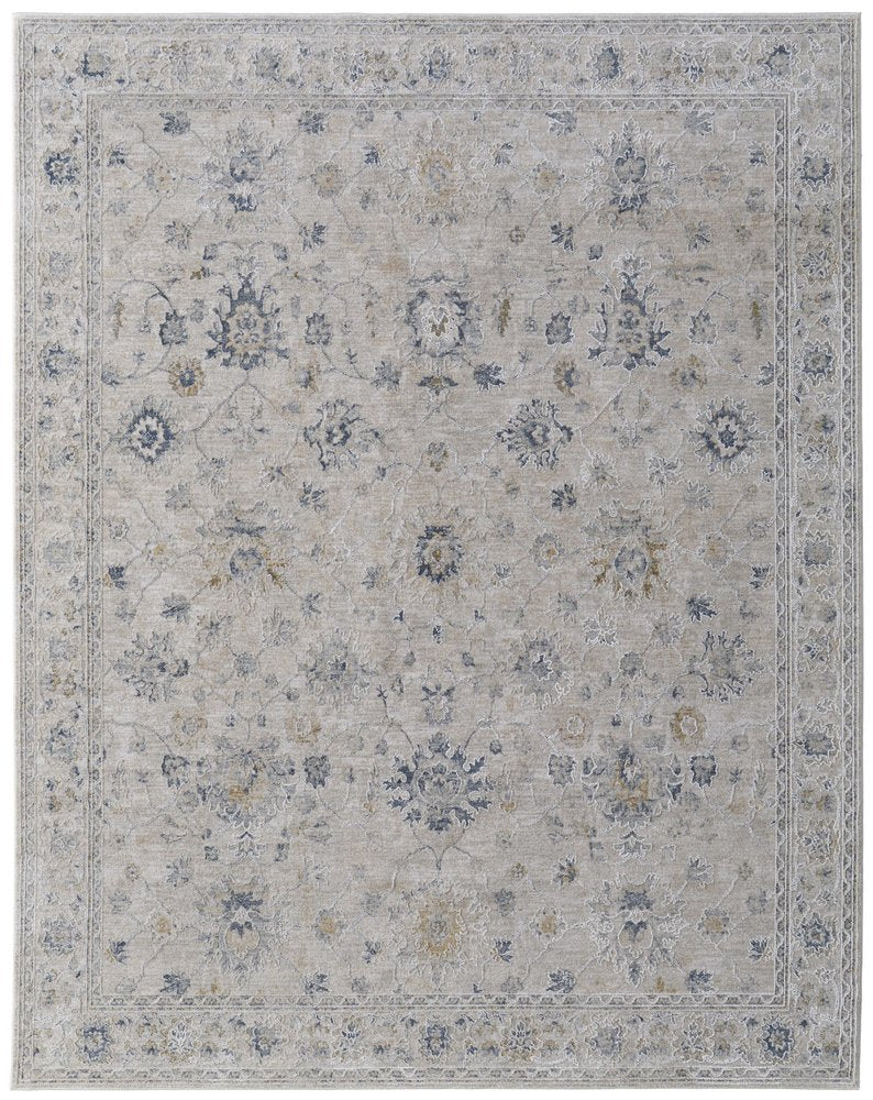 8' X 10' Ivory Taupe and Blue Floral Power Loom Worn Faded Area Rug With Fringe