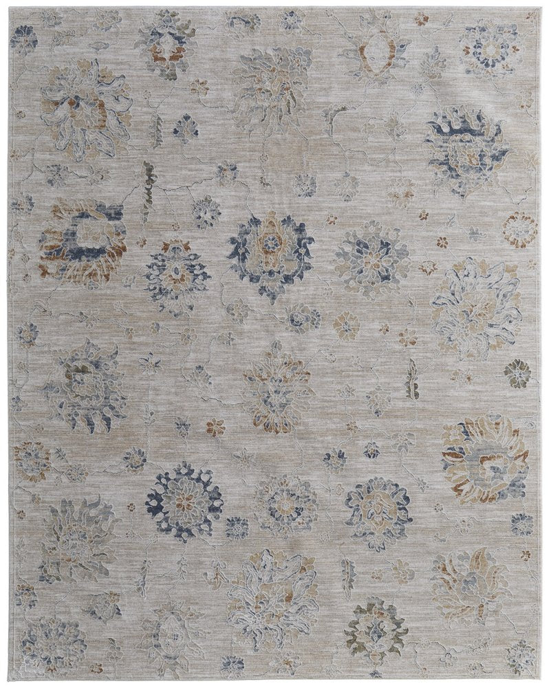 5' X 8' Ivory Taupe and Blue Floral Power Loom Worn Faded Area Rug With Fringe