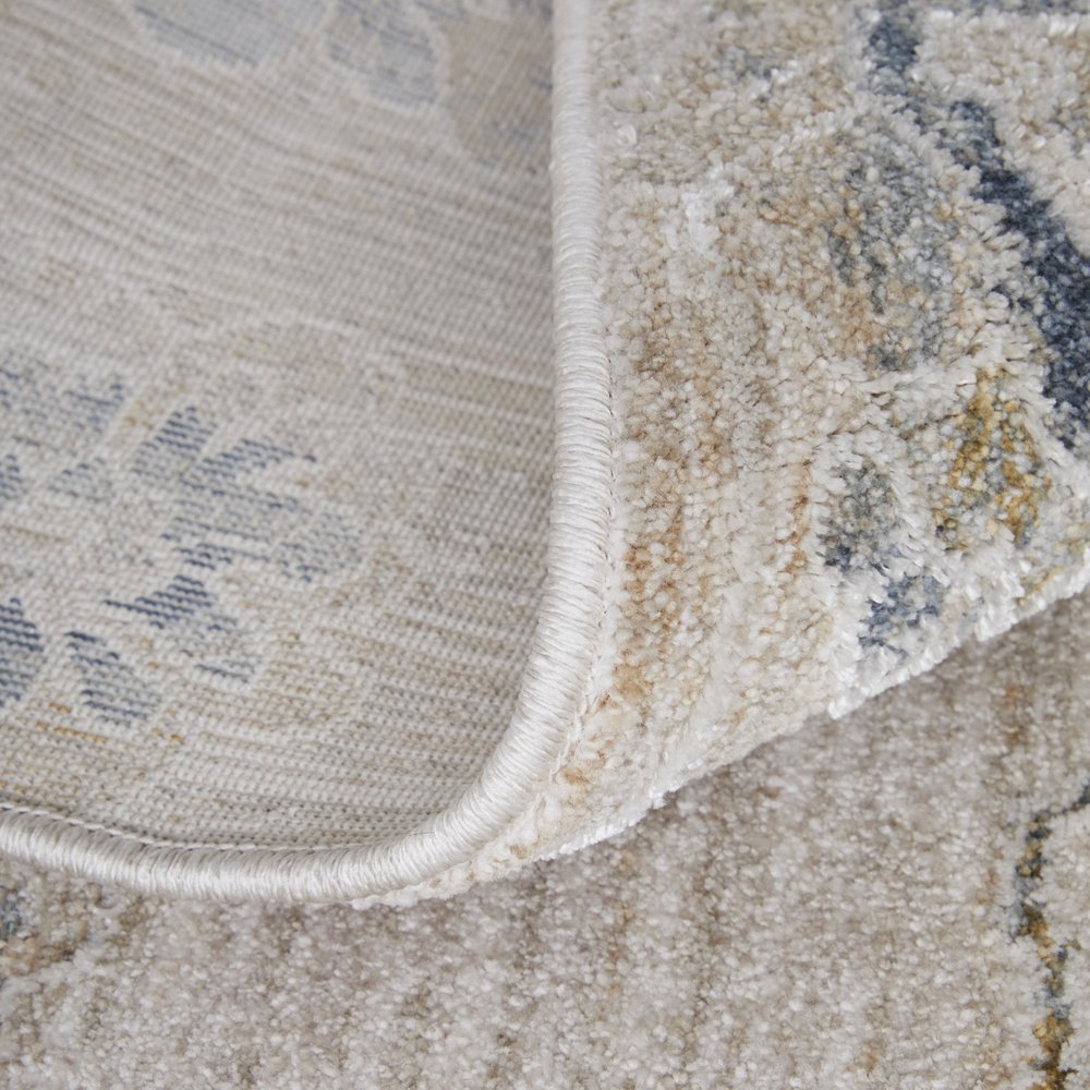 5' X 8' Ivory Taupe and Blue Floral Power Loom Worn Faded Area Rug With Fringe