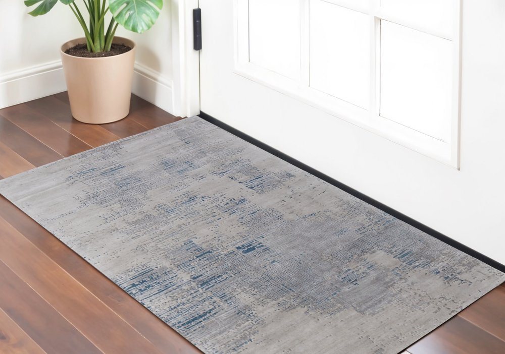 4' X 6' Gray Taupe and Blue Abstract Hand Tufted Area Rug