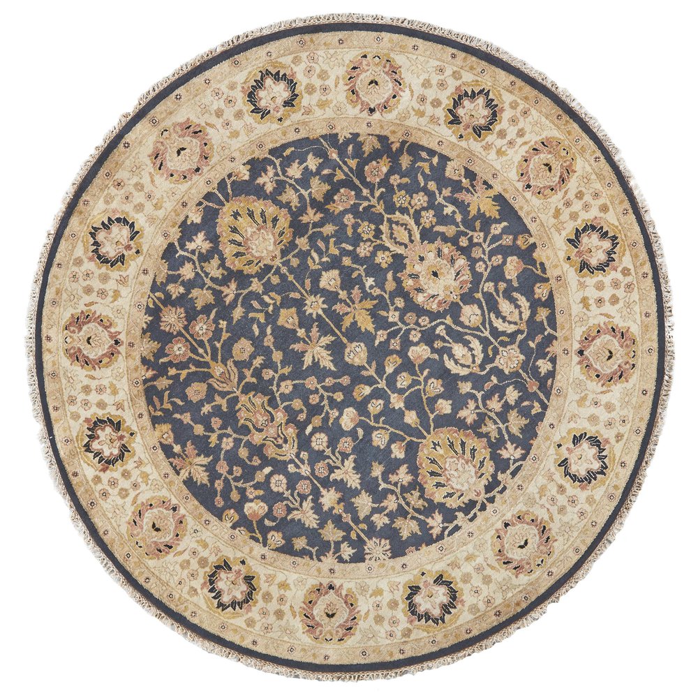 8' Black Brown and Gold Wool Oriental Hand Knotted Round Rug